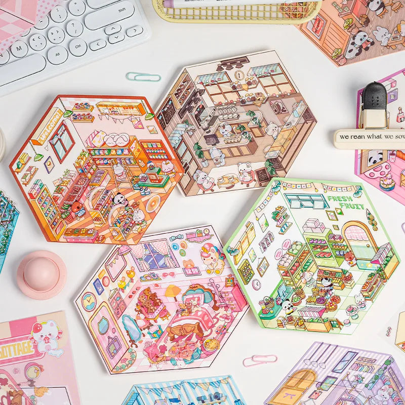 3 Per Pack Cute Fairy Tale Scenic Cottage Anime 3D Paper Stickers with Die Cut Glossy Finish-Miniature Three-dimensional Scenes
