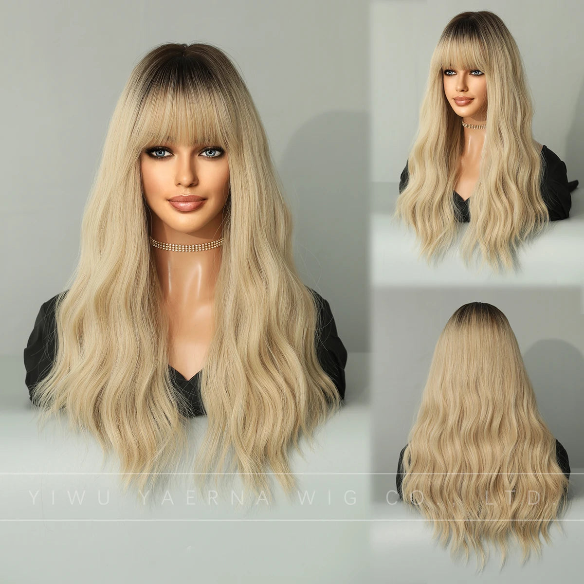 Ombre Blonde Wig Long Curly Heat Resistant Synthetic Hair Wig for Women White Curly Water Wavy Hair Wig With Bang Pelucas Anime