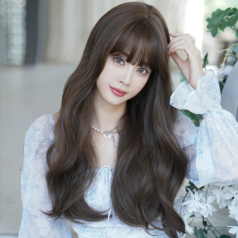 Long Wavy Natural Brown Wig with Bangs for Women Heat Resistant Synthetic Hair Wigs Artificial Hair Fiber Pelucas Anime