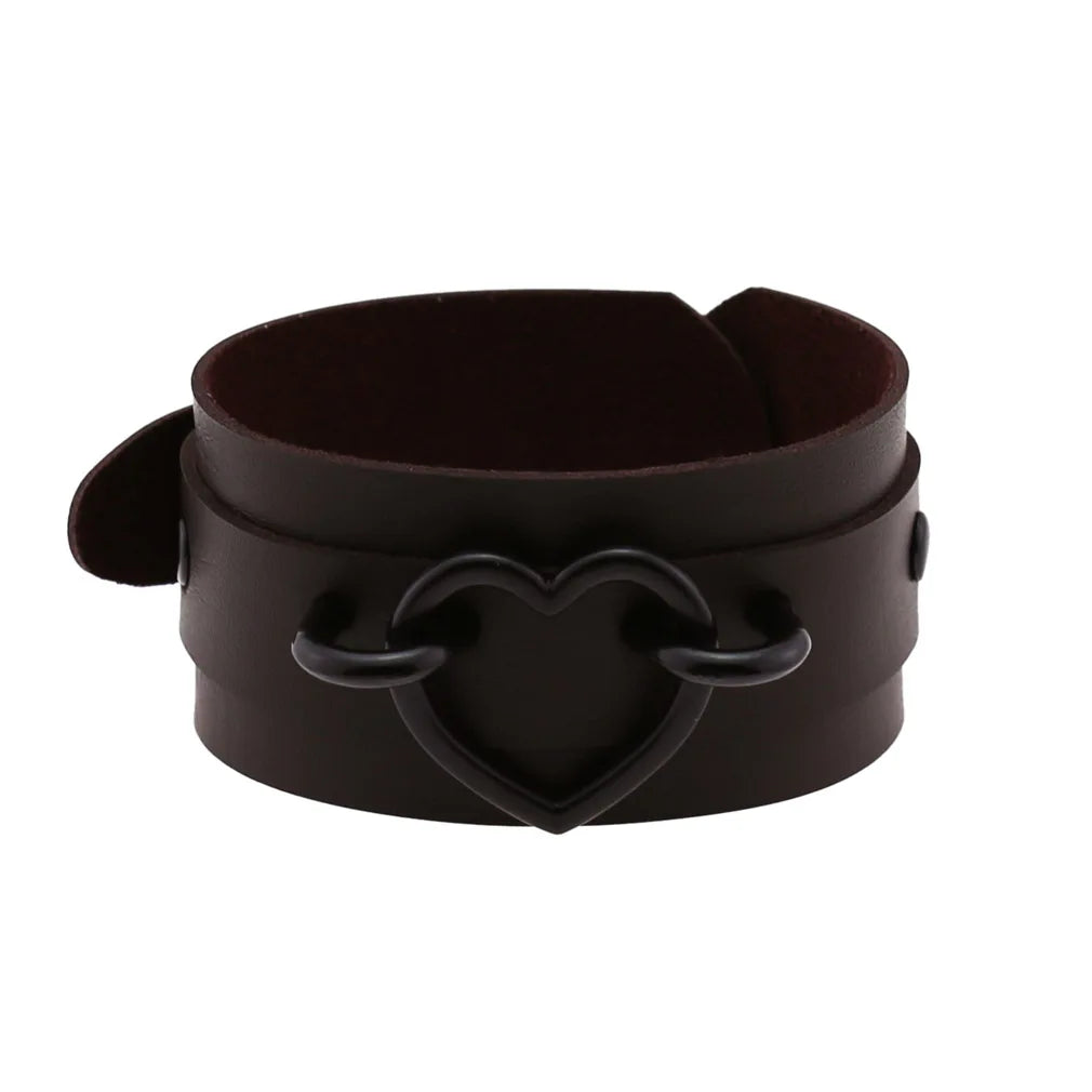 Punk Goth Double Layer PU Leather Wrist Bracelet Black Heart Buckle Anime Sexy Bondage Bangles