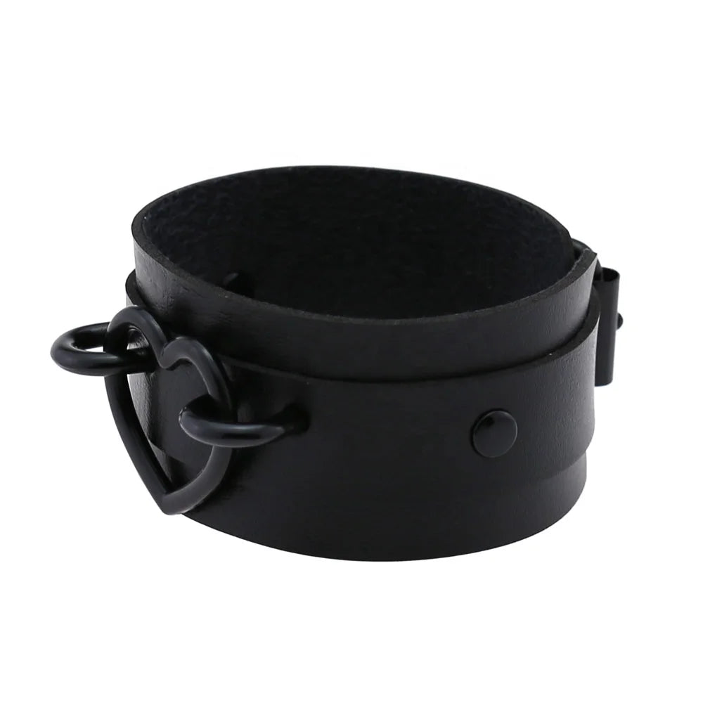 Punk Goth Double Layer PU Leather Wrist Bracelet Black Heart Buckle Anime Sexy Bondage Bangles