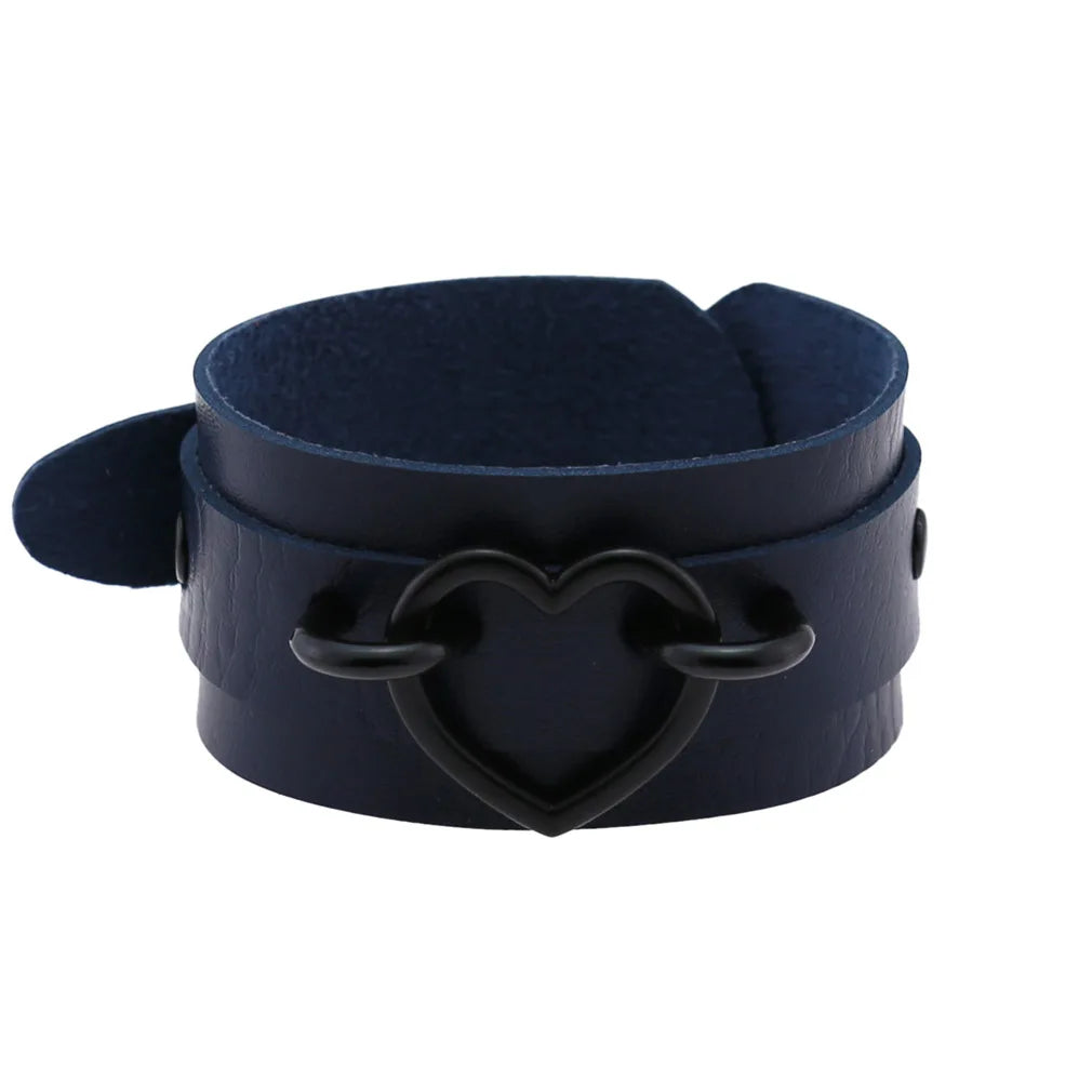 Punk Goth Double Layer PU Leather Wrist Bracelet Black Heart Buckle Anime Sexy Bondage Bangles