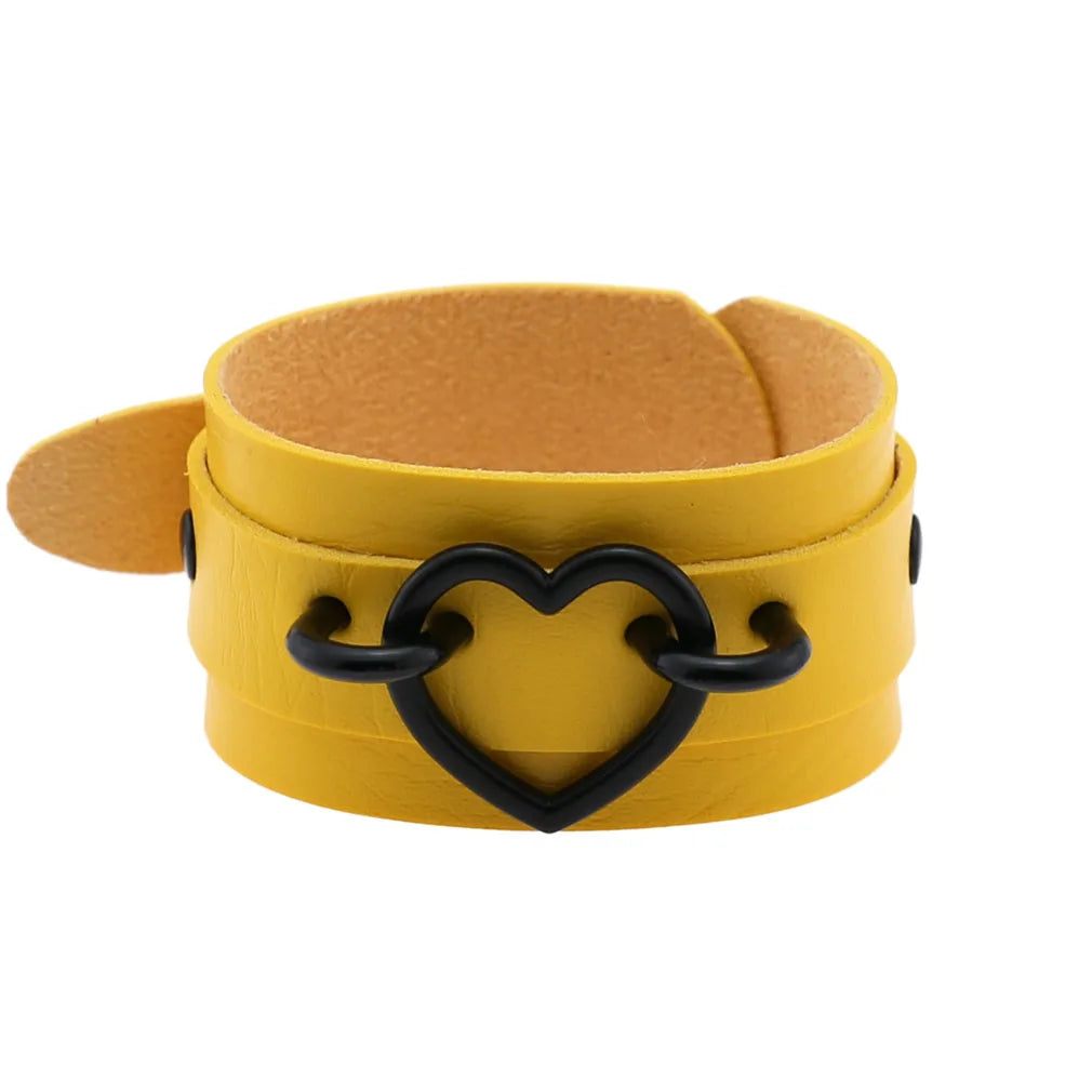 Punk Goth Double Layer PU Leather Wrist Bracelet Black Heart Buckle Anime Sexy Bondage Bangles