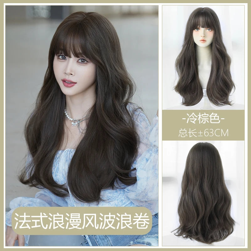 Long Wavy Natural Brown Wig with Bangs for Women Heat Resistant Synthetic Hair Wigs Artificial Hair Fiber Pelucas Anime