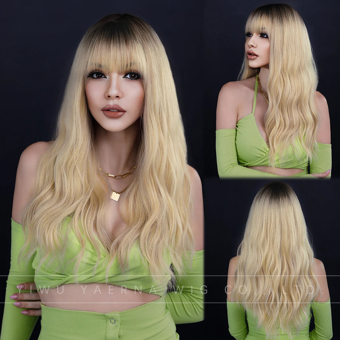 Ombre Blonde Wig Long Curly Heat Resistant Synthetic Hair Wig for Women White Curly Water Wavy Hair Wig With Bang Pelucas Anime