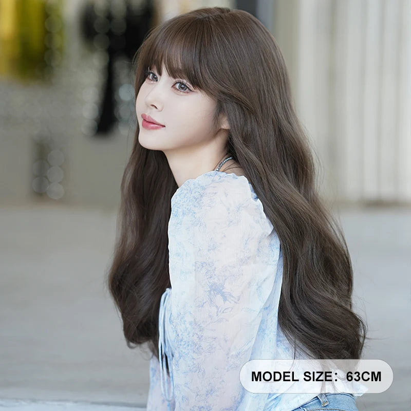 Long Wavy Natural Brown Wig with Bangs for Women Heat Resistant Synthetic Hair Wigs Artificial Hair Fiber Pelucas Anime