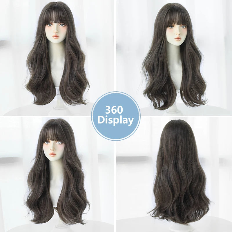 Long Wavy Natural Brown Wig with Bangs for Women Heat Resistant Synthetic Hair Wigs Artificial Hair Fiber Pelucas Anime