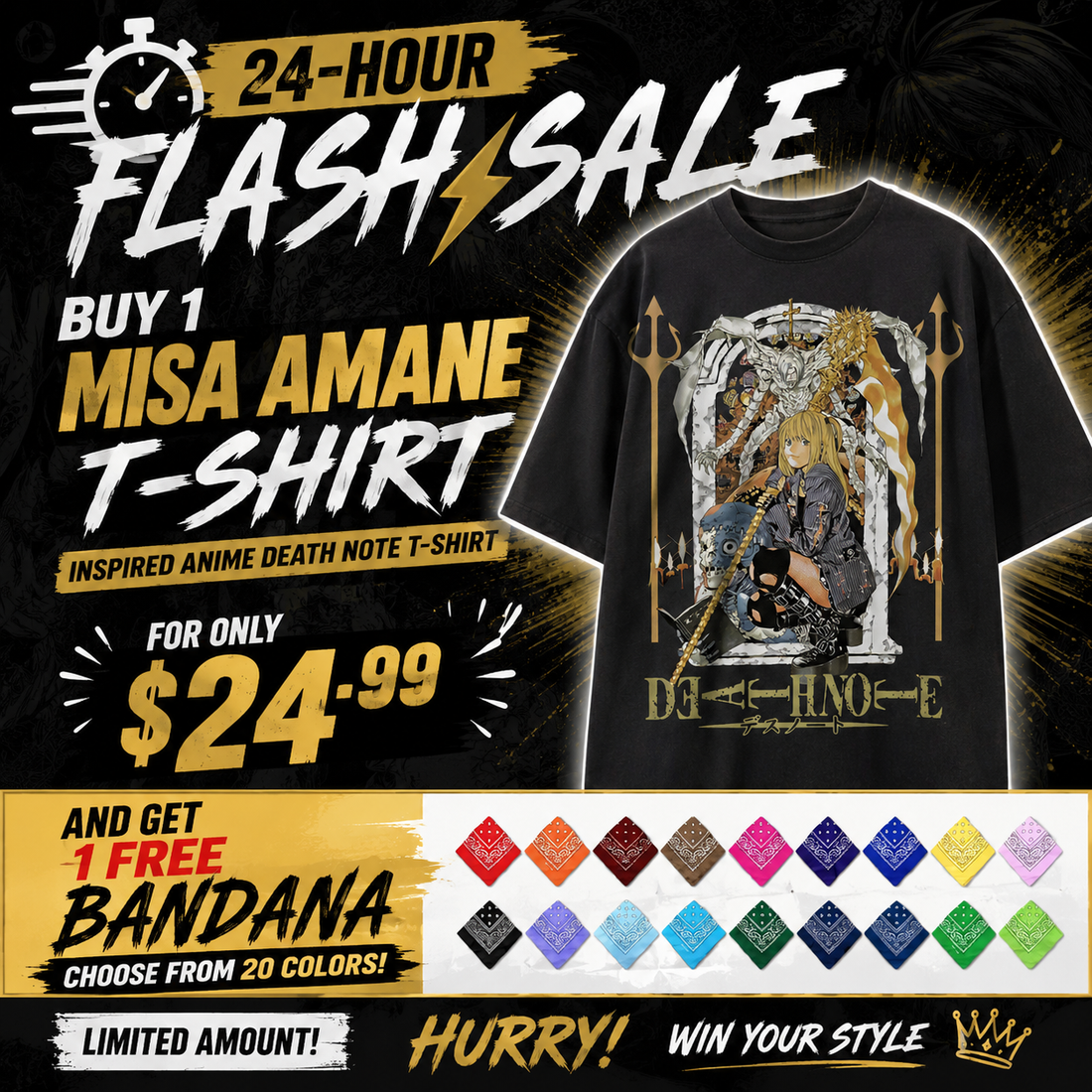FLASH SALE: Misa Amane T-shirt, Inspired Anime Death Note T-shirt Black- Anime Gift