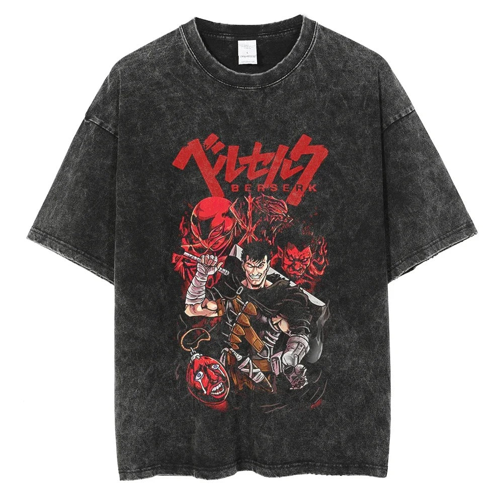 Washed T-Shirt Hip Hop Streetwear Japanese Anime 2024 Print