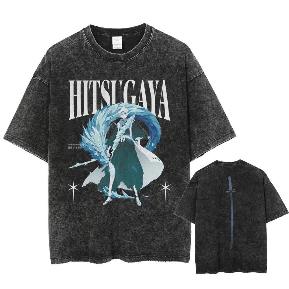 Men Washed Black T-Shirt Vintage Streetwear Anime Graphic Print