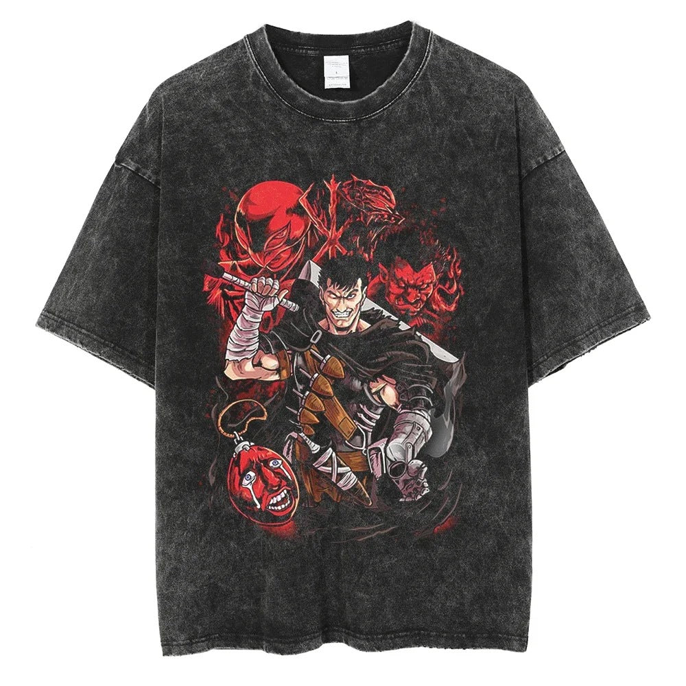 Washed T-Shirt Hip Hop Streetwear Japanese Anime 2024 Print