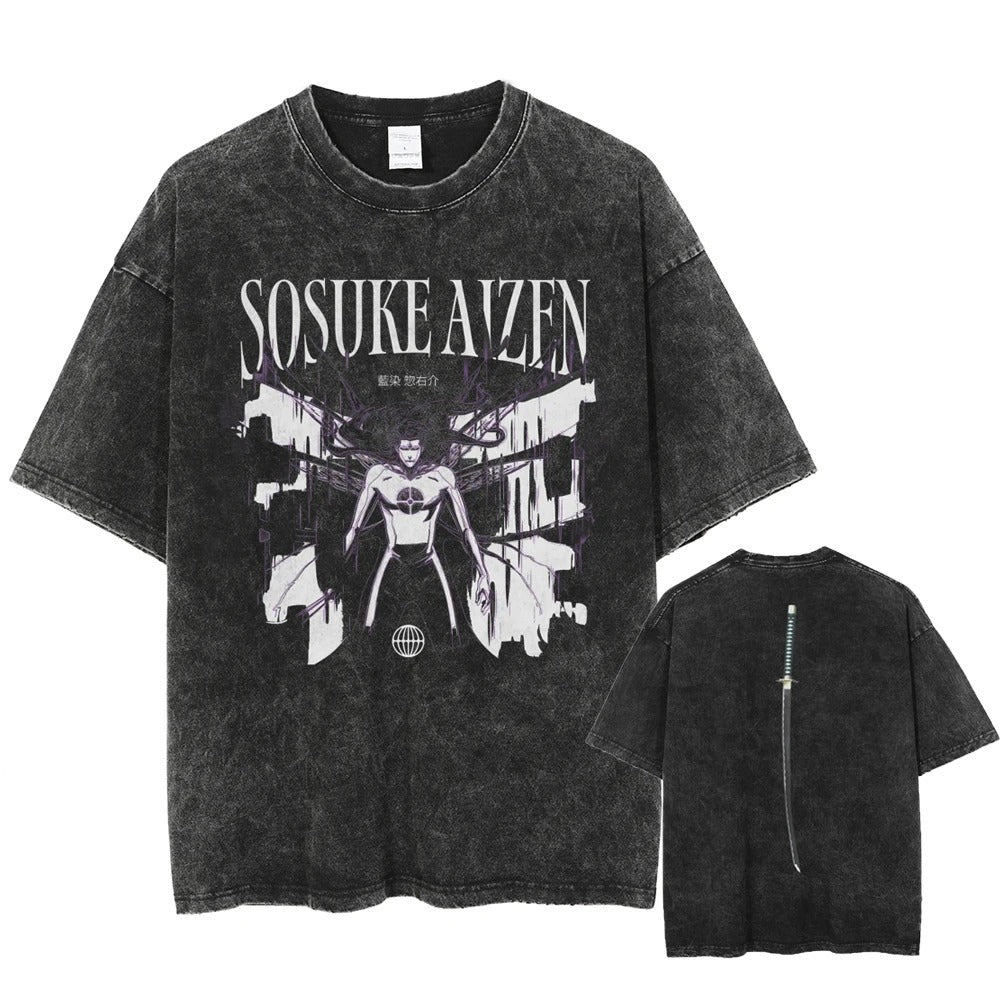 Men Washed Black T-Shirt Vintage Streetwear Anime Graphic Print