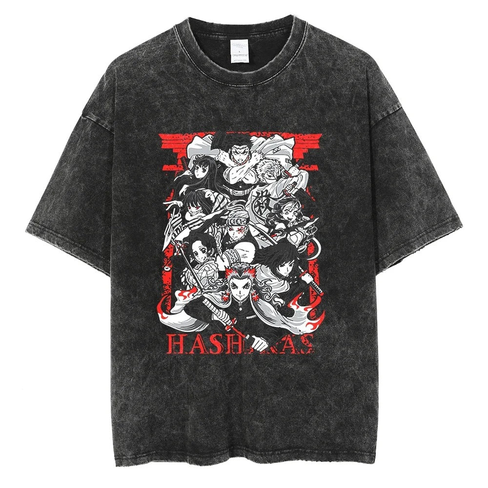 Washed T-Shirt Hip Hop Streetwear Japanese Anime 2024 Print