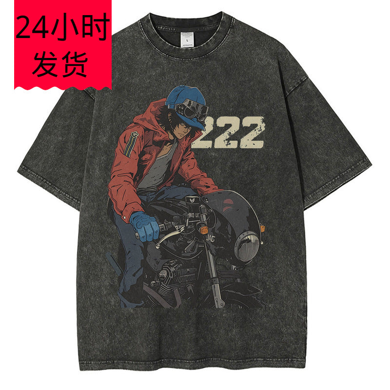 Heavyweight Cotton Washed t Shirt Anime Character Motorcycle