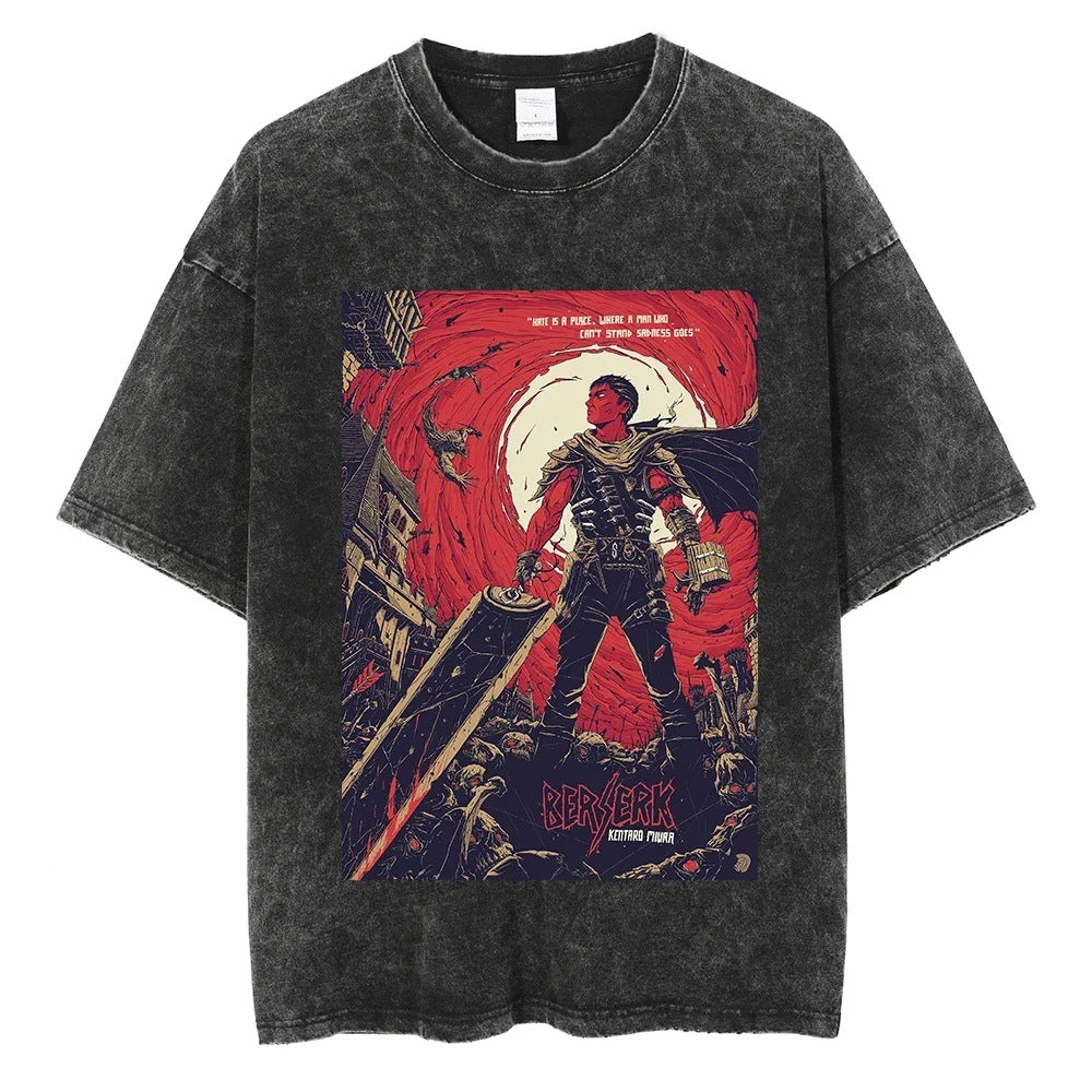 Washed T-Shirt Hip Hop Streetwear Japanese Anime 2024 Print