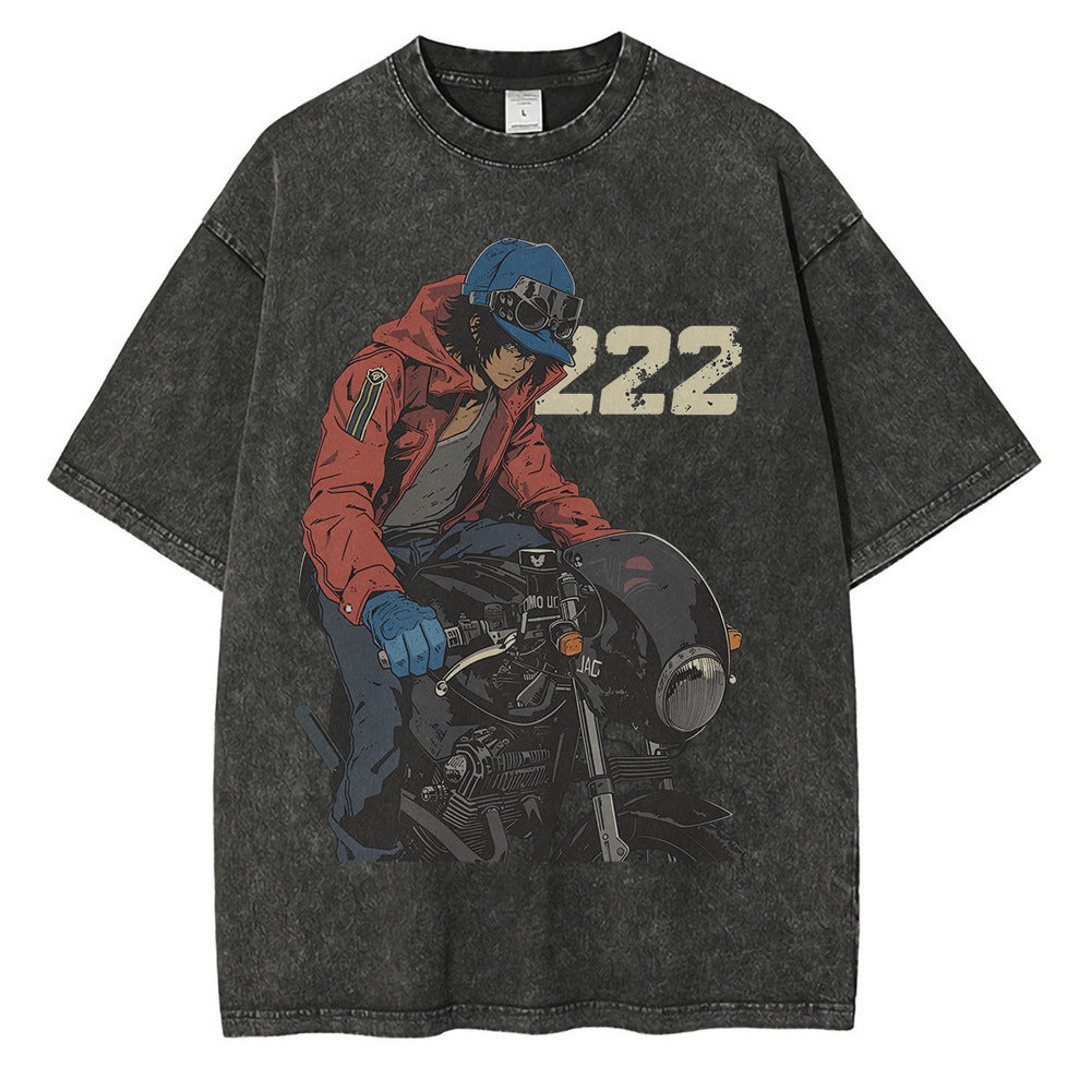 Heavyweight Cotton Washed t Shirt Anime Character Motorcycle