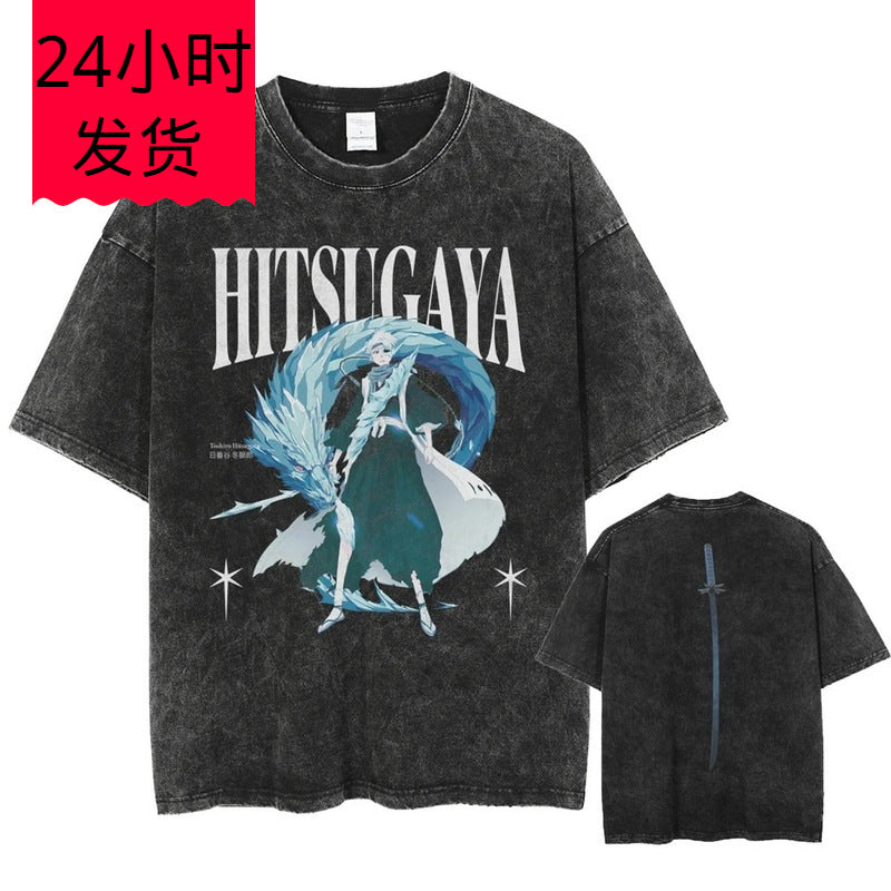 Men Washed Black T-Shirt Vintage Streetwear Anime Graphic Print