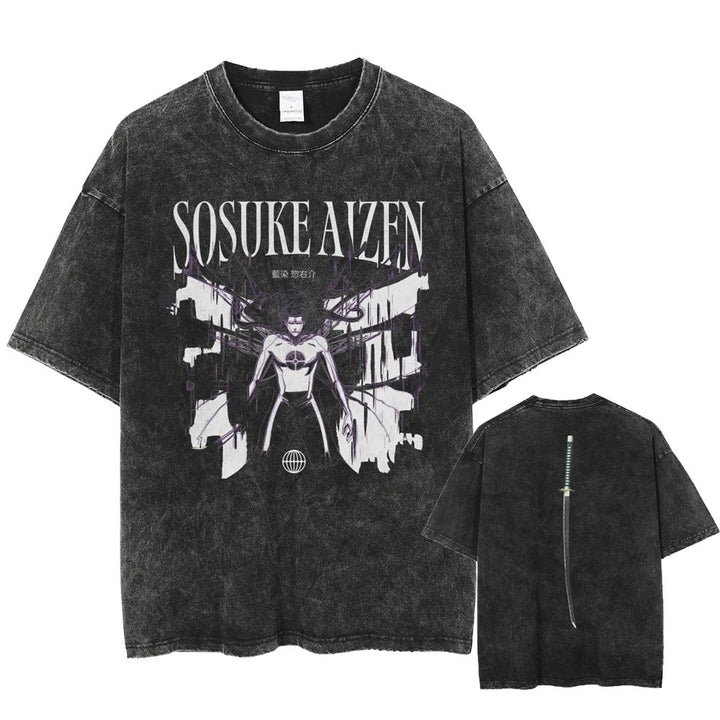 Men Washed Black T-Shirt Vintage Streetwear Anime Graphic Print