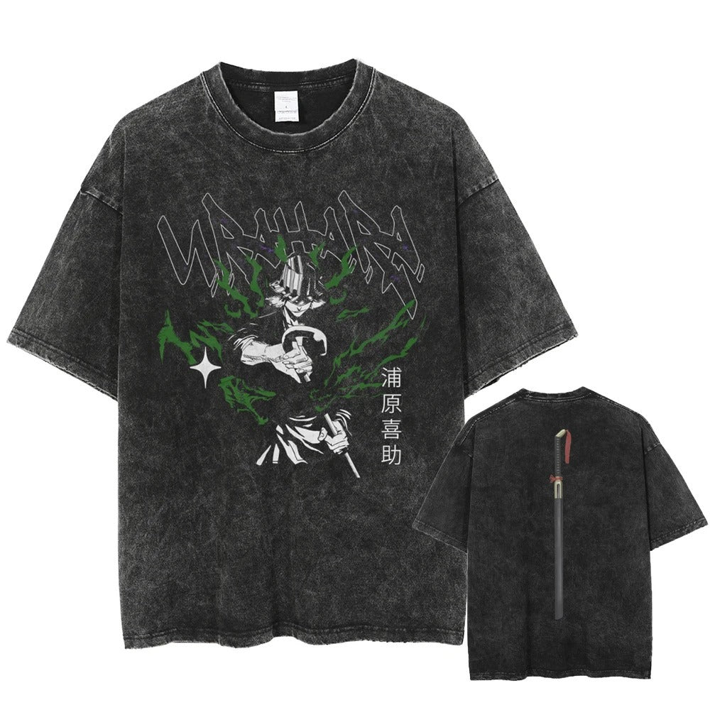 Men Washed Black T-Shirt Vintage Streetwear Anime Graphic Print