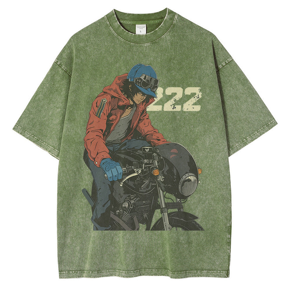Heavyweight Cotton Washed t Shirt Anime Character Motorcycle