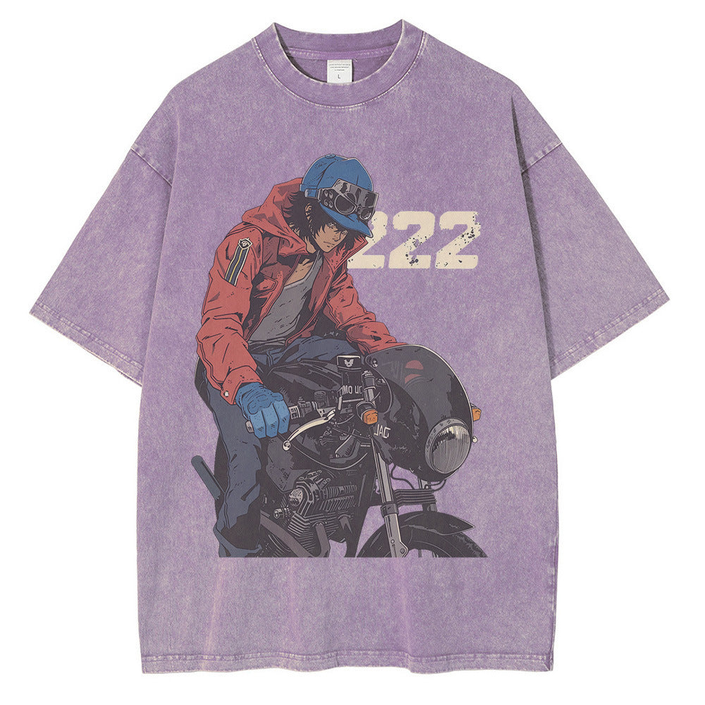 Heavyweight Cotton Washed t Shirt Anime Character Motorcycle