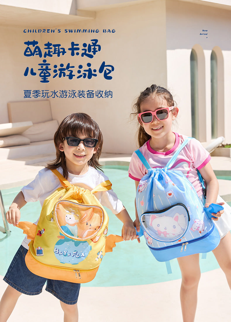 Children's Swimming Bag, Wet and Dry Separation Waterproof Storage Bag, Portable Backpack for Boys and Girls, Cute Cartoon Beach Backpack