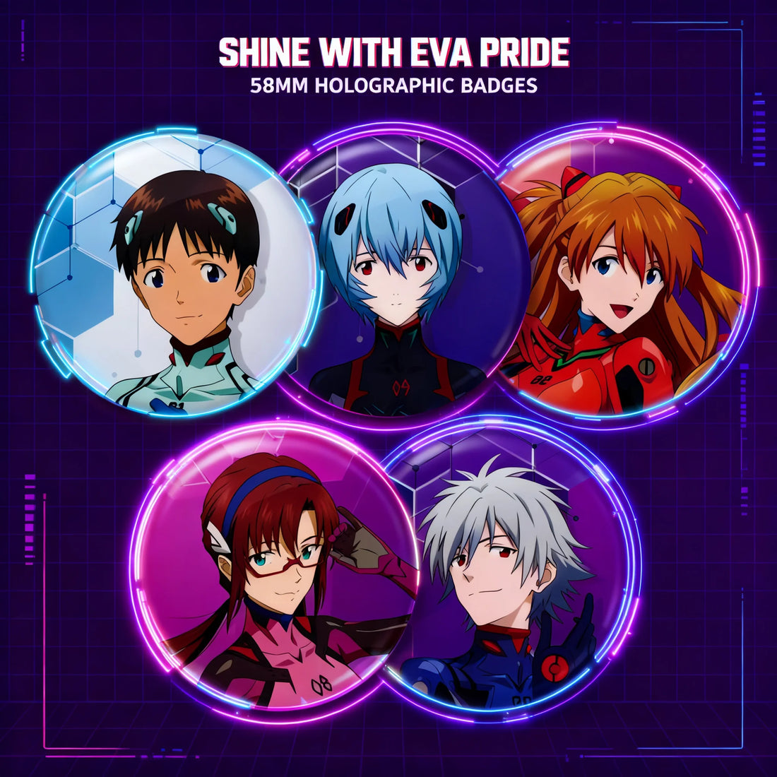 Evangelion Asuka Langley Soryu Rei Ayanami Kaworu Nagisa Mari Makinami Anime Merch Badge Pin Laser Engraved Illustrious Anima