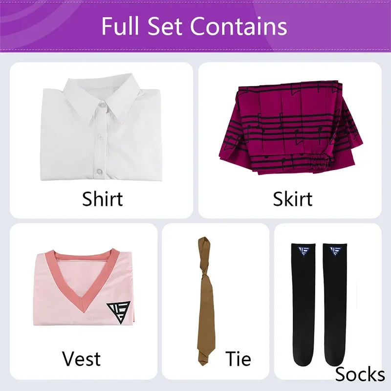 Costume de Cosplay Anime Danganronpa Kaede Akamatsu, gilet rose, chemise, jupe, uniforme, perruque pour femmes et filles,