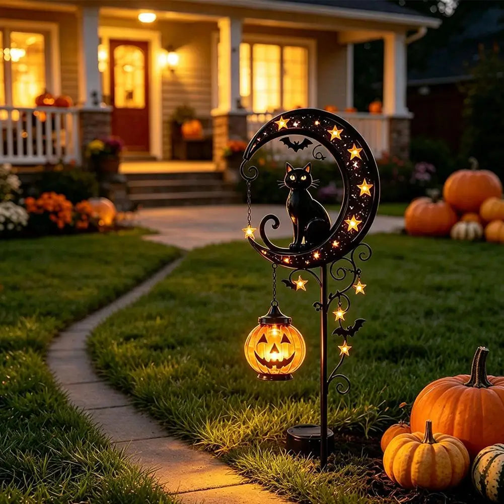Garden Lamp Decoration Halloween Black Cat & Pumpkin Moon Garden Stake Light, Outdoor Waterproof Metal Pumpkin Stake Decor