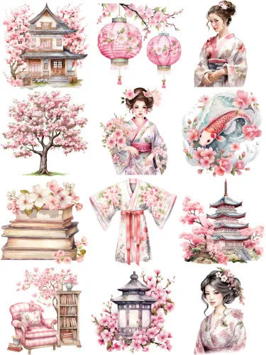 12Pcs/Pack Japanese Sakura Kimono Sticker DIY Craft Scrapbooking Album Junk Journal Decorative Stickers