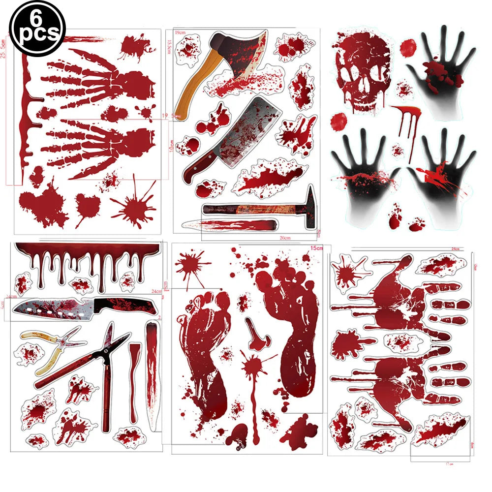 Halloween Wall Doors Windows Stickers Blood Handprint Footprint Skull Pattern Halloween Party Scene Decor Supplies Horror Props