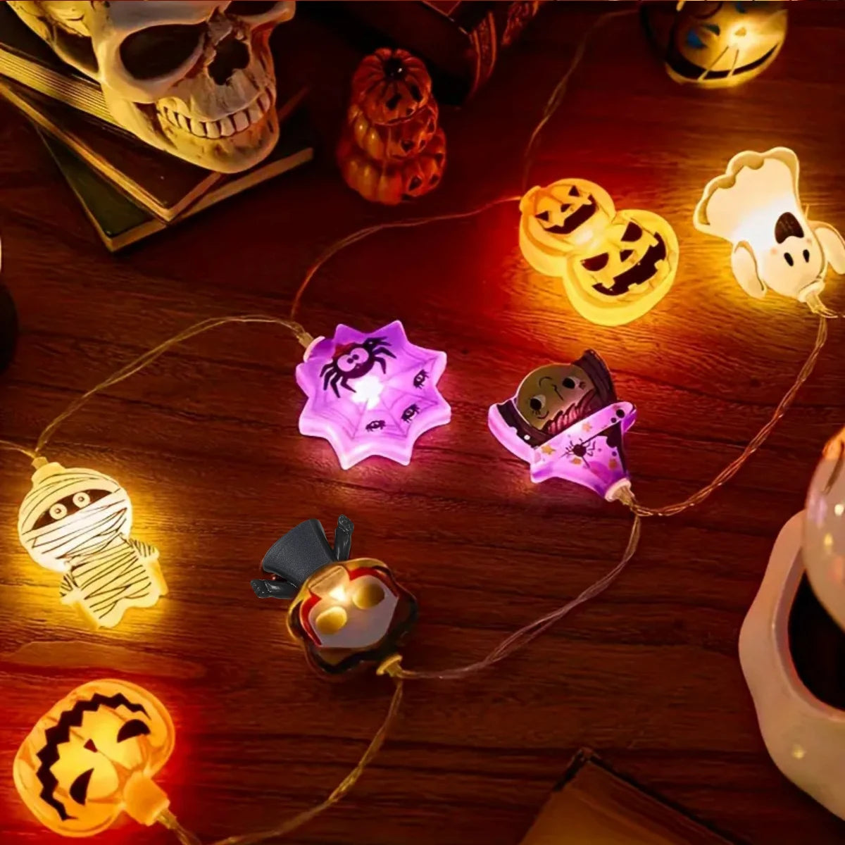 1PC Halloween 10/20 LED Battery Powered String Lights With Ghost Witch Cat Pumpkin Spider Web Skeleton Mummy Pirate Shape Indoor