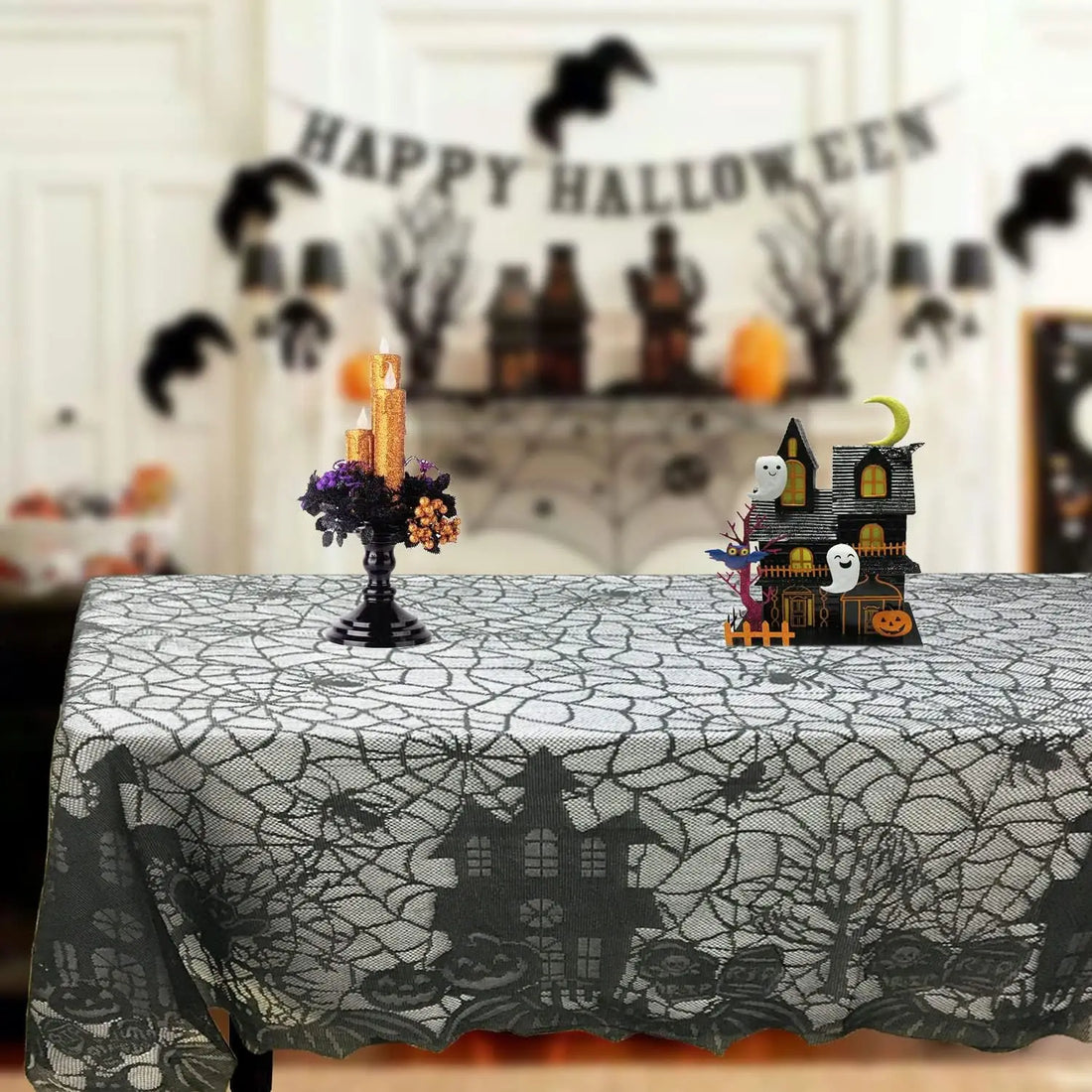 Halloween Lace Table Runner Black Spider Web Tablecloth Fireplace Cover Mantel Halloween Decoration 2024 Home Party Cloth Cover