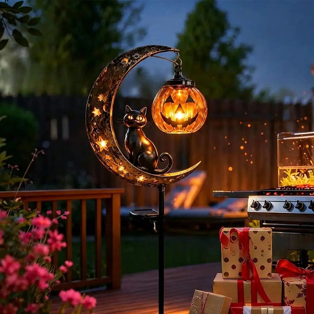 Garden Lamp Decoration Halloween Black Cat & Pumpkin Moon Garden Stake Light, Outdoor Waterproof Metal Pumpkin Stake Decor