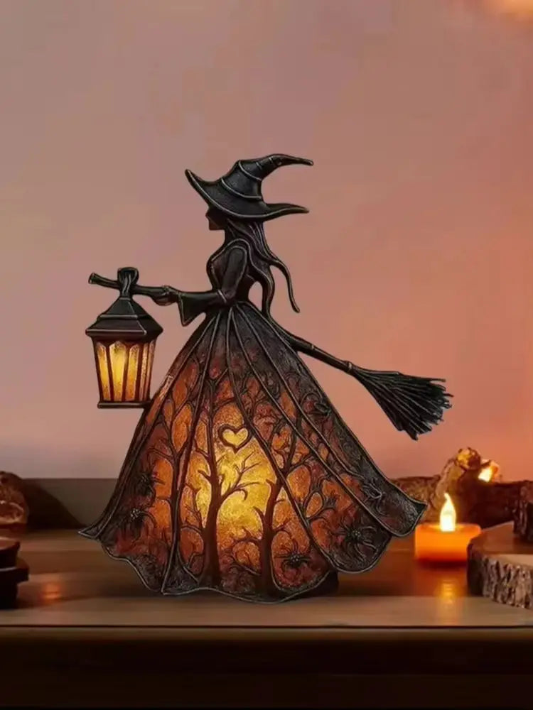 Halloween Witch Lantern LED Night Light Resin Statue Gothic Home Decor with Broom for Spooky Party