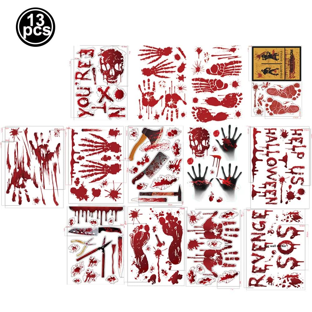 Halloween Wall Doors Windows Stickers Blood Handprint Footprint Skull Pattern Halloween Party Scene Decor Supplies Horror Props