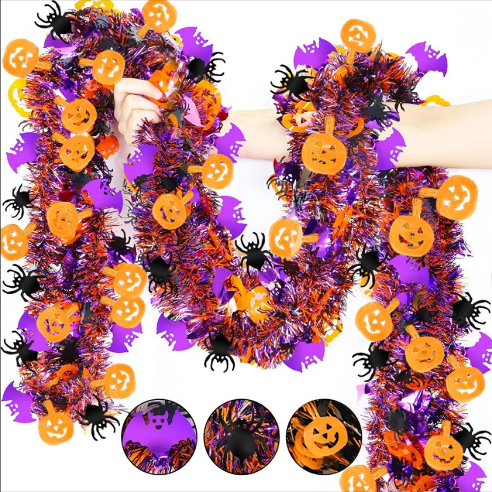 2m Halloween Wreath Pendant Glitter Plastic Bat Pumpkin Halloween Door Hanging For Home Garden Decoration Halloween Decor