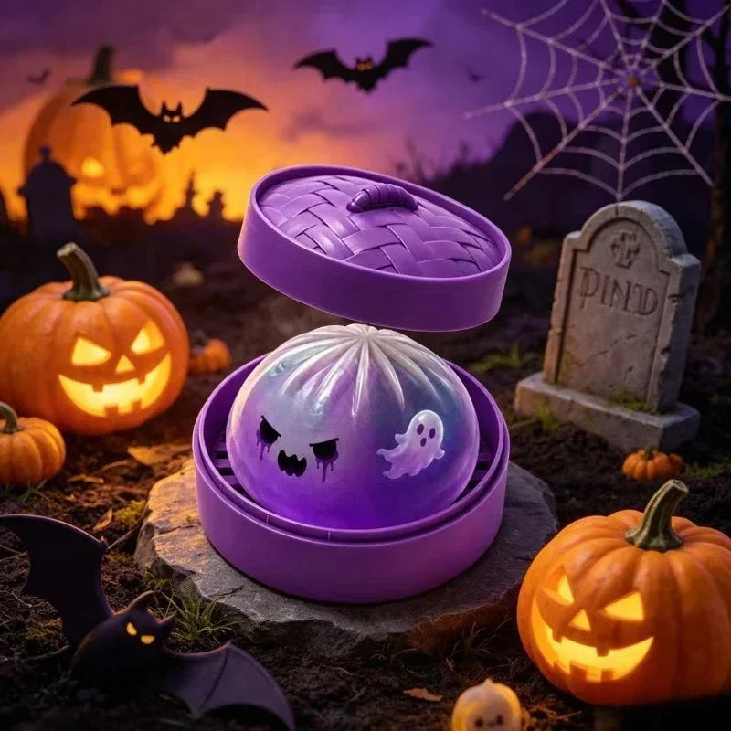 Glitter Halloween Ghost Dumplings Squishy Soft Slow Rebound Resilience Decompression with Steamer Stuffed Shark Bun Gift
