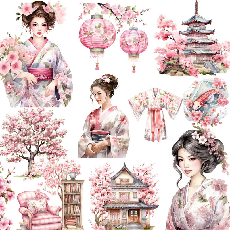 12Pcs/Pack Japanese Sakura Kimono Sticker DIY Craft Scrapbooking Album Junk Journal Decorative Stickers