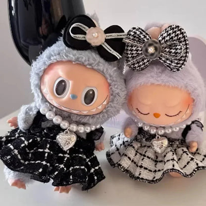 Doll Clothes Labubu Clothes Designer Black and White Plaid Dress Bow Set DIY Labubu Accessories Ropa Labubu