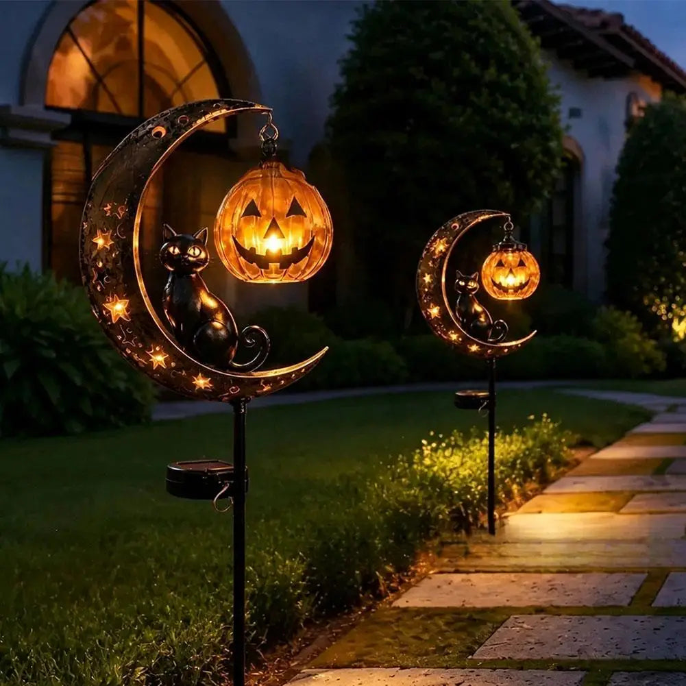 Garden Lamp Decoration Halloween Black Cat & Pumpkin Moon Garden Stake Light, Outdoor Waterproof Metal Pumpkin Stake Decor