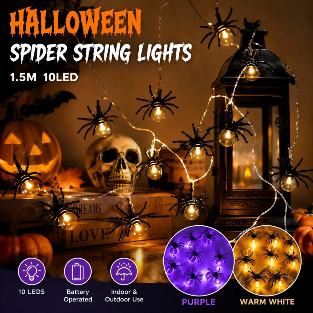 10LED Spider String Lights Halloween Decorations Battery Powered Fairy Lights for Party Haunted House Indoor Outdoor