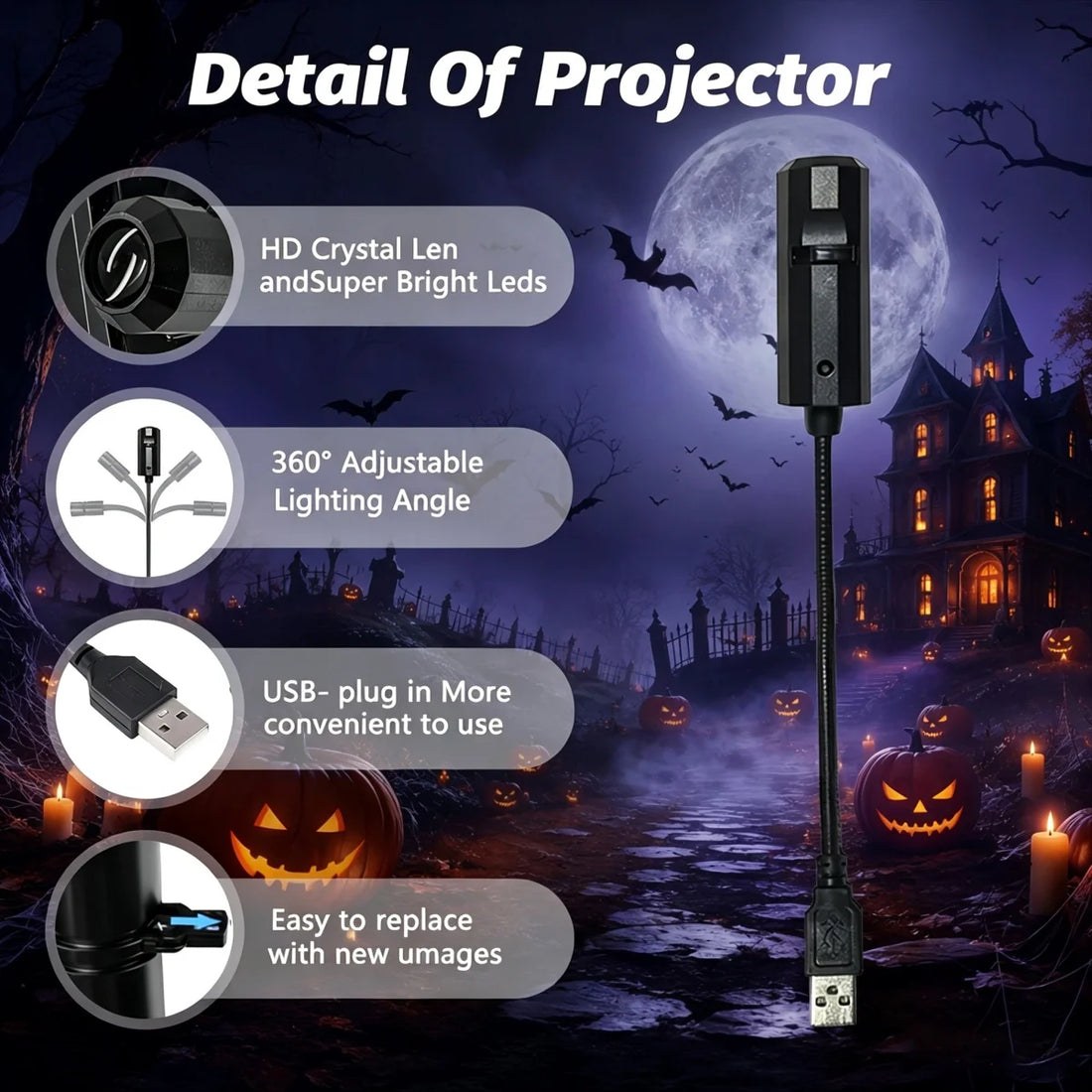 Halloween Led Projector Night Lights USB Plug and Play HD LED Projector Lights for Room Ceiling Window Halloween Decor Wall Lamp