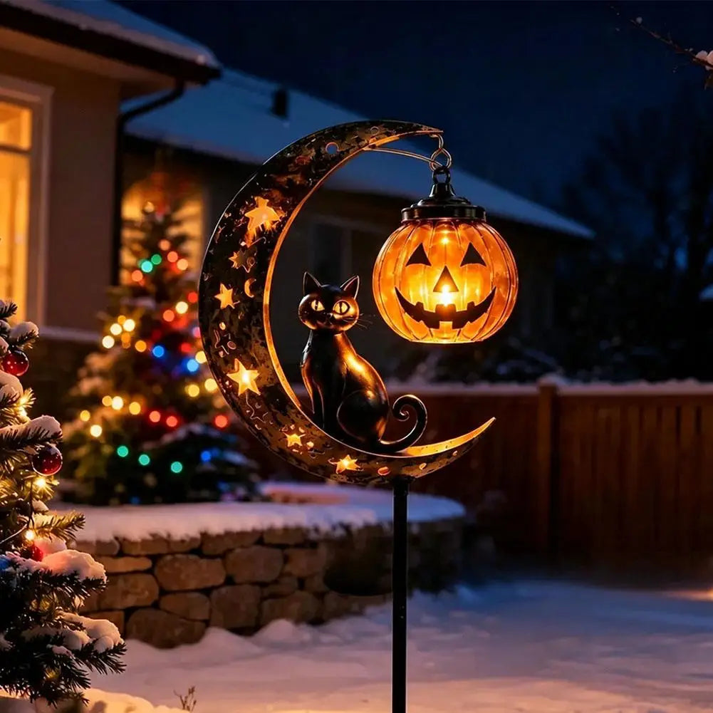 Garden Lamp Decoration Halloween Black Cat & Pumpkin Moon Garden Stake Light, Outdoor Waterproof Metal Pumpkin Stake Decor