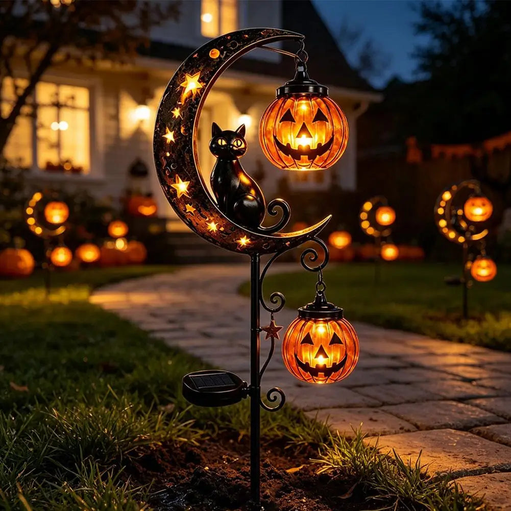 Garden Lamp Decoration Halloween Black Cat & Pumpkin Moon Garden Stake Light, Outdoor Waterproof Metal Pumpkin Stake Decor