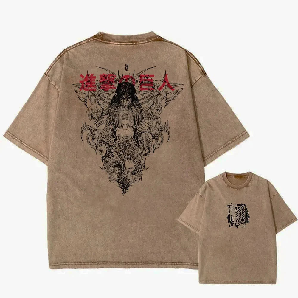 Anime Attack On Titan T Shirts Vintage Washed Shingeki no Kyojin T-shirt Short Sleeve Manga Eren Mikasa Tops Tees