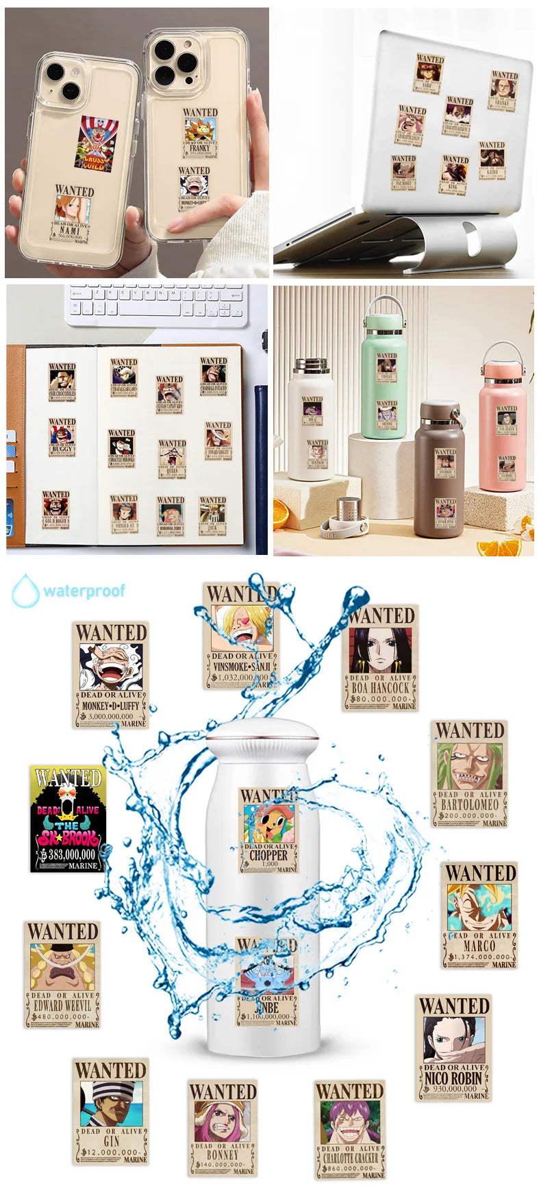 50PCS Anime One Piece Wanted Posters Stickers Cool Graffiti Decals DIY Phone Suitcase Laptop Fridge Wall Decoration Sticker Toy