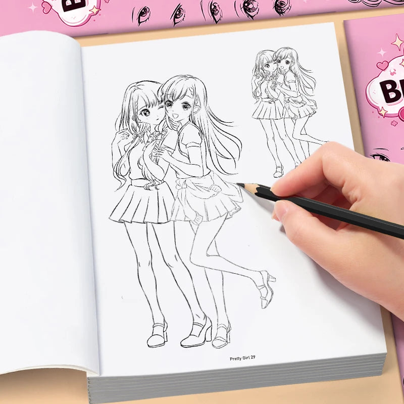 Cute Anime Girl Line Drawing Album, 32-Page Exquisite Sketching and Tracing Book, Manga Coloring Book, Suitable for Beginners, Featuring Various Anime Characters, for Practicing Tracing, Hand-Drawn Outlines, and Coloring, Sui