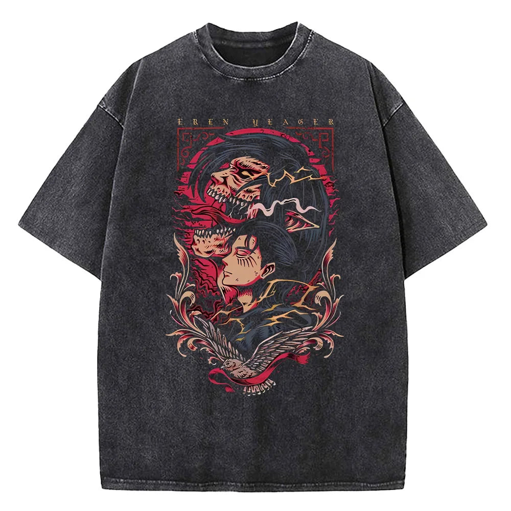 Anime Attack On Titan T Shirts Vintage Washed Shingeki no Kyojin T-shirt Short Sleeve Manga Eren Mikasa Tops Tees