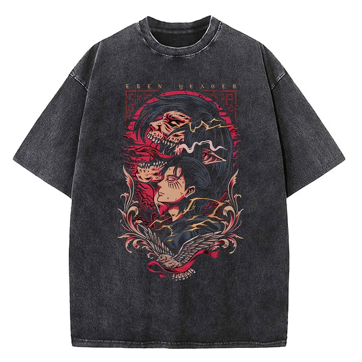 Anime Attack On Titan T Shirts Vintage Washed Shingeki no Kyojin T-shirt Short Sleeve Manga Eren Mikasa Tops Tees